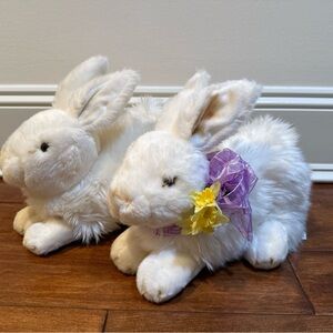 Set of 2 White Plush Bunnies - one with Purple Bow